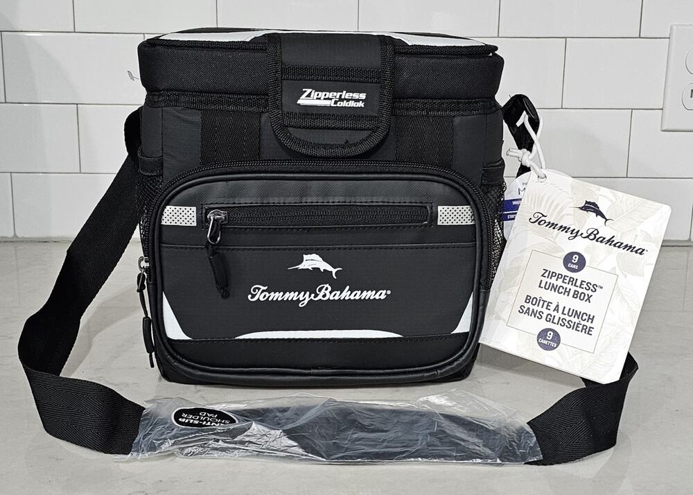 Tommy Bahama Zipperless 9 Can Lunch Box Cooler Bag Black NWT Backsaver Strap